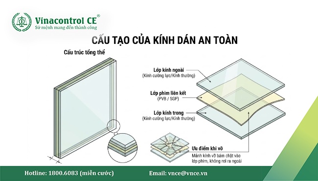 Kính dán an toàn có cấu tạo gồm hai hoặc nhiều tấm kính được liên kết bằng một hoặc nhiều lớp phim