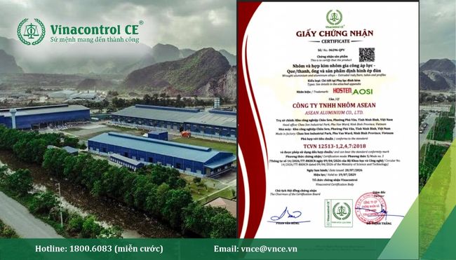 Vinacontrol CE cấp giấy chứng nhận hợp chuẩn nhôm và hợp kim nhôm cho Công ty TNHH Nhôm Asean
