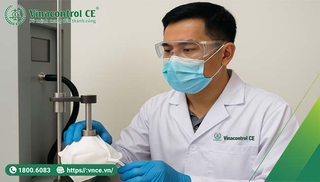Chuyên gia Vinacontrol CE thử nghiệm phương tiện hô hấp tại phòng LAB
