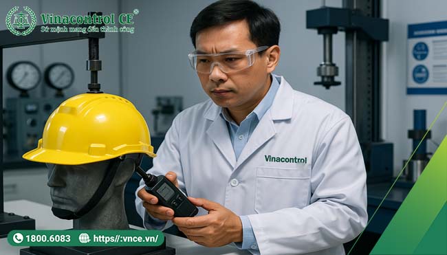 Chuyên viên Vinacontrol CE thử nghiệm mũ bảo hộ lao động tại phòng thí nghiệm