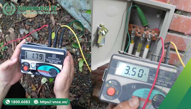 Chuyên gia Vinacontrol CE tiến hành đo điện trở tiếp địa hệ thống chống sét tại hiện trường