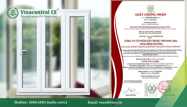 Giấy chứng nhận hợp chuẩn cửa nhựa U-PVC theo TCVN 7451:2004 do Vinacontrol CE cấp cho khách hàng