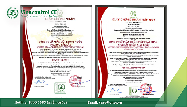 Giấy chứng nhận hợp chuẩn, hợp quy Vinacontrol CE cấp cho khách hàng