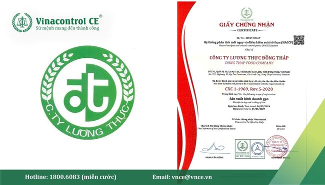 Giấy chứng nhận HACCP của Công ty Lương thực Đồng Tháp (Dagrimex) do Vinacontrol CE cấp